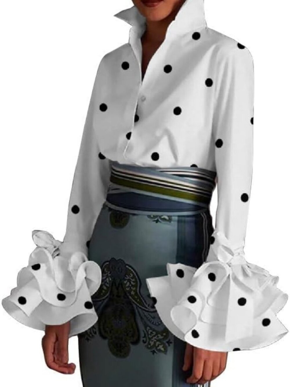 Women's Polka Dot High Neck Button Down Long Sleeve SOLID Work Blouse Shirt